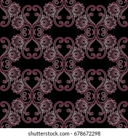 Vintage floral seamless pattern. Black background wallpaper illustration with pink line art tracery hand drawn flowers, leaves and decorative flourish ornaments. Vector elegance texture for fabrics.