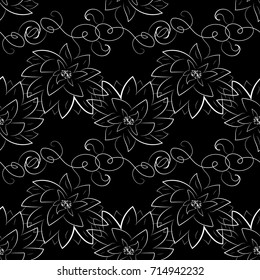 Vintage floral seamless pattern.  Black  vector background with hand drawn white swirl line art tracery leaves and lotus flowers. Elegant endless ornamental texture. Modern beautiful isolated ornament