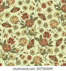 Vintage floral seamless pattern. Blooming dark flowers, Victorian wildflowers.