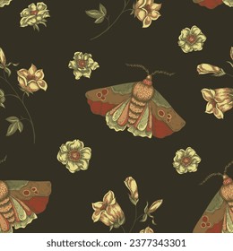 Vintage floral seamless pattern. Blooming dark flowers, Victorian wildflowers.