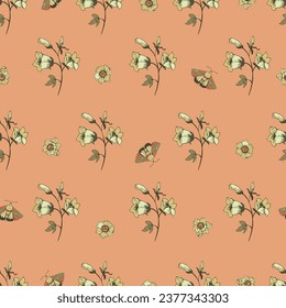 Vintage floral seamless pattern. Blooming dark flowers, Victorian wildflowers.