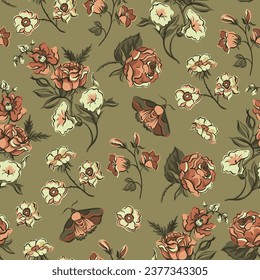 Vintage floral seamless pattern. Blooming dark flowers, Victorian wildflowers.