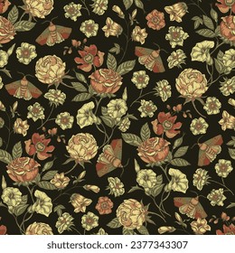 Vintage floral seamless pattern. Blooming dark flowers, Victorian wildflowers.