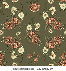 Vintage floral seamless pattern. Blooming dark flowers, Victorian wildflowers.