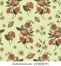 Vintage floral seamless pattern. Blooming dark flowers, Victorian wildflowers.