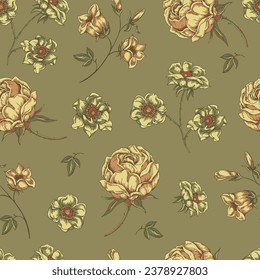 Vintage floral seamless pattern. Blooming dark flowers, Victorian wildflowers.