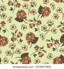 Vintage floral seamless pattern. Blooming dark flowers, Victorian wildflowers.