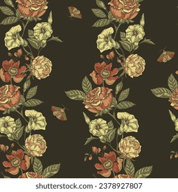 Vintage floral seamless pattern. Blooming dark flowers, Victorian wildflowers.