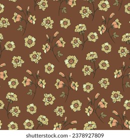 Vintage floral seamless pattern. Blooming dark flowers, Victorian wildflowers.