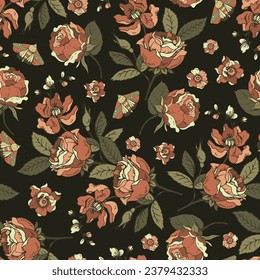 Vintage floral seamless pattern. Blooming dark flowers, Victorian wildflowers.