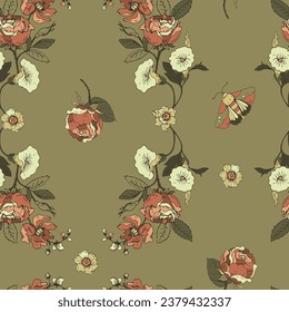 Vintage floral seamless pattern. Blooming dark flowers, Victorian wildflowers.