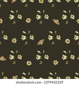 Vintage floral seamless pattern. Blooming dark flowers, Victorian wildflowers.