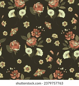 Vintage floral seamless pattern. Blooming dark flowers, Victorian wildflowers.