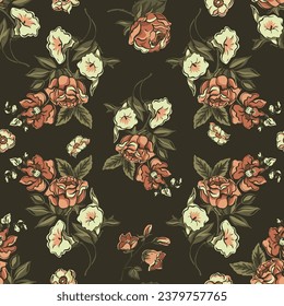 Vintage floral seamless pattern. Blooming dark flowers, Victorian wildflowers.