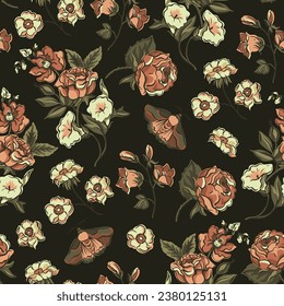 Vintage floral seamless pattern. Blooming dark flowers, Victorian wildflowers.