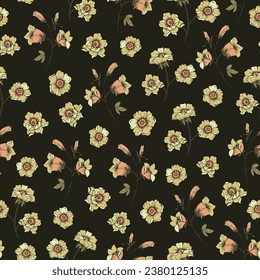 Vintage floral seamless pattern. Blooming dark flowers, Victorian wildflowers.