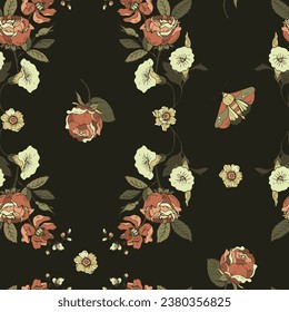 Vintage floral seamless pattern. Blooming dark flowers, Victorian wildflowers.