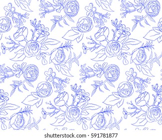 Vintage floral seamless pattern with with blooming roses. Hand drawn roses seamless pattern. Vector illustration