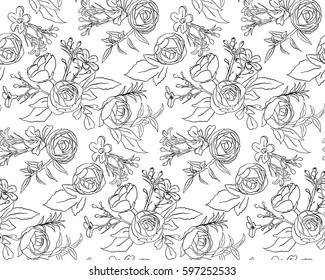 Vintage floral seamless pattern with with blooming roses. Hand drawn roses seamless pattern. Black and white. Vector illustration