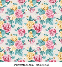 Vintage floral seamless pattern with blooming roses. Spring textile. Vector texture with bouquets of flowers. Wedding design. Beautiful background with elegance ornament