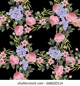 Vintage Floral seamless pattern with Blooming Hydrangea and garden flowers, Vintage vector illustration. Classic. pastel color. botanical Illustration watercolor style