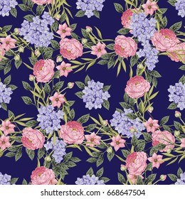 Vintage Floral seamless pattern with Blooming Hydrangea and garden flowers, Vintage vector illustration. Classic. pastel color. botanical Illustration watercolor style