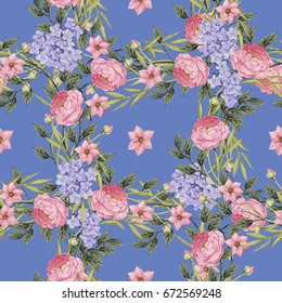 Vintage Floral seamless pattern with Blooming Hydrangea and garden flowers, Vintage vector illustration. Classic. pastel color. botanical Illustration watercolor style