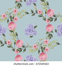 Vintage Floral seamless pattern with Blooming Hydrangea and garden flowers, Vintage vector illustration. Classic. pastel color. botanical Illustration watercolor style
