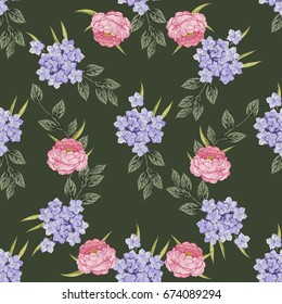 Vintage Floral seamless pattern with Blooming Hydrangea and garden flowers, Vintage vector illustration. Classic. pastel color. botanical Illustration watercolor style