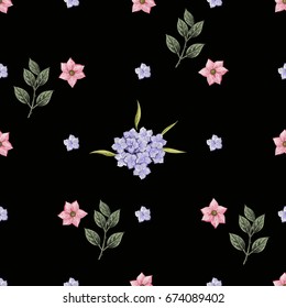 Vintage Floral seamless pattern with Blooming Hydrangea and garden flowers, Vintage vector illustration. Classic. pastel color. botanical Illustration watercolor style