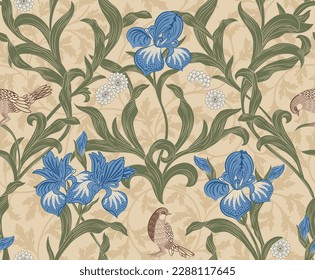 Vintage floral seamless pattern with blue flowers and foliage on light background. Vector illustration.