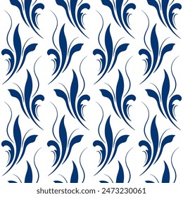 Vintage floral seamless pattern. Blue leaves on white background. Folk floral ornament vector illustration. Mosaic diagonal tile. Fantasy geometric shapes for decor clothes, home, etc.