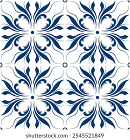 Vintage floral seamless pattern. Blue leaves on white background. Folk floral ornament vector illustration. Kaleidoscope mosaic ceramic tile. Fantasy geometric design in scandinavian style