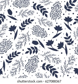 Vintage floral seamless pattern. Blue silhouettes flowers, leafs, branches on white background. Vector illustration.