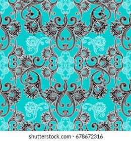 Vintage floral seamless pattern. Blue background wallpaper illustration with black white line art tracery hand drawn flowers, leaves and decorative flourish ornaments. Vector rich texture for fabrics.