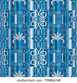 Vintage floral seamless pattern. Blue modern background with hand drawn line art white paisley flowers, leaves and flourish ornaments. Elegant fabric textile. Vector luxury texture