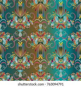 Vintage floral seamless pattern. Blue  vector background with hand drawn colorful paisley flowers, swirls, lines, leaves, circles, dots. Damask ethnic ornaments. Design for wallpapers, fabric, prints
