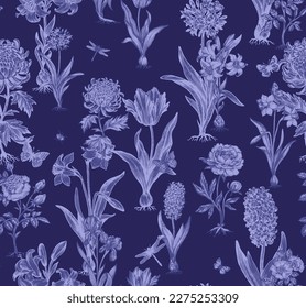 Vintage floral seamless pattern. Botanical victorian collection. Set with hand drawn flowers. Retro style. Vector illustration. 
