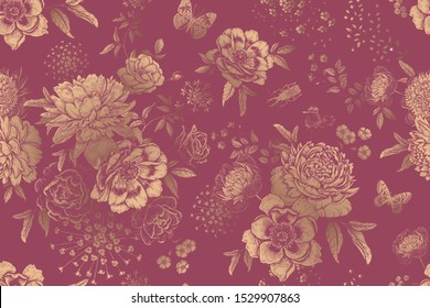 Vintage floral seamless pattern. Bouquets of garden flowers, beetles and butterflies. Beautiful peonies and roses. Background color pink wood and gold print. Vector. Wallpaper, paper, textile template