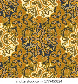 Vintage floral seamless pattern in bright summer positive colors. Mandala medallion fluid flowers ornament. Organic floral seamless pattern. Psychedelic patchwork design. Indian motifs.