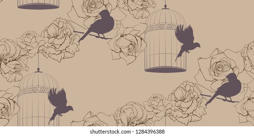 Vintage floral seamless pattern with cage of birds and roses flowers on beige background. Craft paper. Retro Endless texture for your design wallpaper, wrapper, fabrics. 