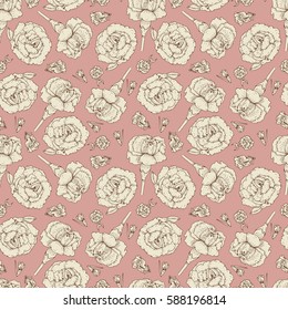Vintage floral seamless pattern with carnation flowers. Hand drawn carnation background. Flourish texture for textile wrapping paper card design etc 