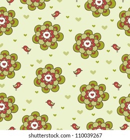 Vintage floral seamless pattern  with cartoon birds. Vector.