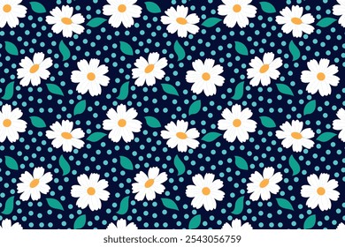 Vintage floral seamless pattern with chamomile flowers and leaves. Suitable for fabric, packaging, cards, posters. Vector illustration
