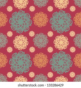 Vintage floral seamless pattern with color lace fantasy flowers on red background - vector