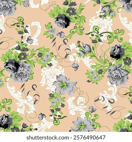Vintage floral seamless pattern of common bluebells flowers and buds in art nouveau style, repeating botanical ornament in dark blue, blue and green colors