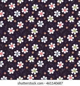 Vintage Floral Seamless Pattern. Cosmos Flower. Small White Flowers on Dark Background. Vector illustration 