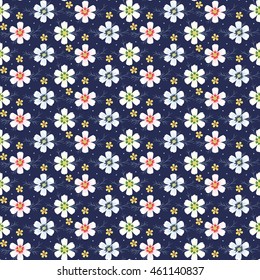 Vintage Floral Seamless Pattern. Cosmos Flower. Small White Flowers on Dark Background.  Vector illustration
