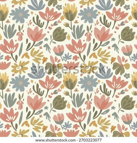 Vintage Floral Seamless Pattern. Cute Hand Drawn Botanical Background with Spring Meadow Flowers and Leaves in Pastel Colors.