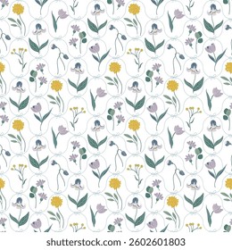 Vintage floral seamless pattern. Damask ornament with ribbon bows and flowers. Retro print with beautiful plants for fabric, wallpaper, wrapping paper. Elegant hand drawn vector illustration.
